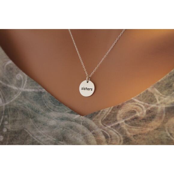 Sterling Silver Sisters Charm Necklace, Sisters Word Charm Necklace - Picture 2 of 3